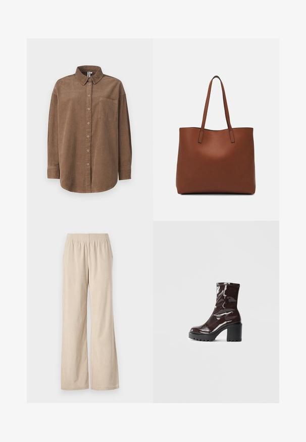 ONLY ONLAIME MOXI LONG - Button-down blouse - fossil; Beige corduroy wide-leg pants with an elastic waistband and vertical ribbed texture, featuring a hem that gently flares at the bottom.; Glossy burgundy ankle boot with a chunky black heel, featuring a smooth texture and simple design. No visible fastenings or patterns.; Brown leather tote bag with a smooth texture, open top design, and two shoulder straps. Features minimal stitching and no visible hardware.