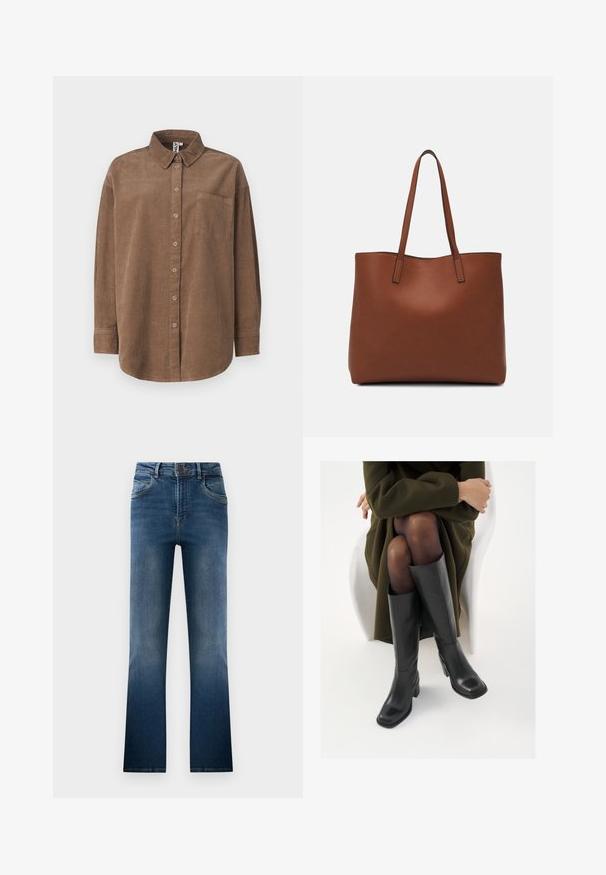 ONLY ONLAIME MOXI LONG - Button-down blouse - fossil; Denim flared jeans in dark blue, featuring a faded wash, five pockets, and belt loops. Classic design with a front button closure.; Knee-high black leather boots with a squared toe and block heel, shown with a model seated in an olive green coat. Smooth texture, minimal detailing.; Brown leather tote bag with a smooth texture, open top design, and two shoulder straps. Features minimal stitching and no visible hardware.