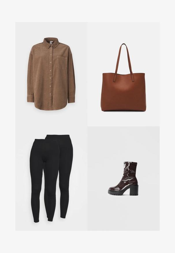 ONLY ONLAIME MOXI brązowy; Czarne legginsy z elastycznym paskiem, wykonane z gładkiego, elastycznego materiału. Posiadają dopasowany krój zwężający się przy kostkach.; Błyszczące bordowe botki za kostkę z masywną czarną obcasem, charakteryzujące się gładką teksturą i prostym wzornictwem. Brak widocznych zapięć lub wzorów.; Brązowa skórzana torba tote o gładkiej fakturze, z otwartym wierzchem i dwoma ramiączkami. Charakteryzuje się minimalnym przeszyciem i brakiem widocznych elementów metalowych.
