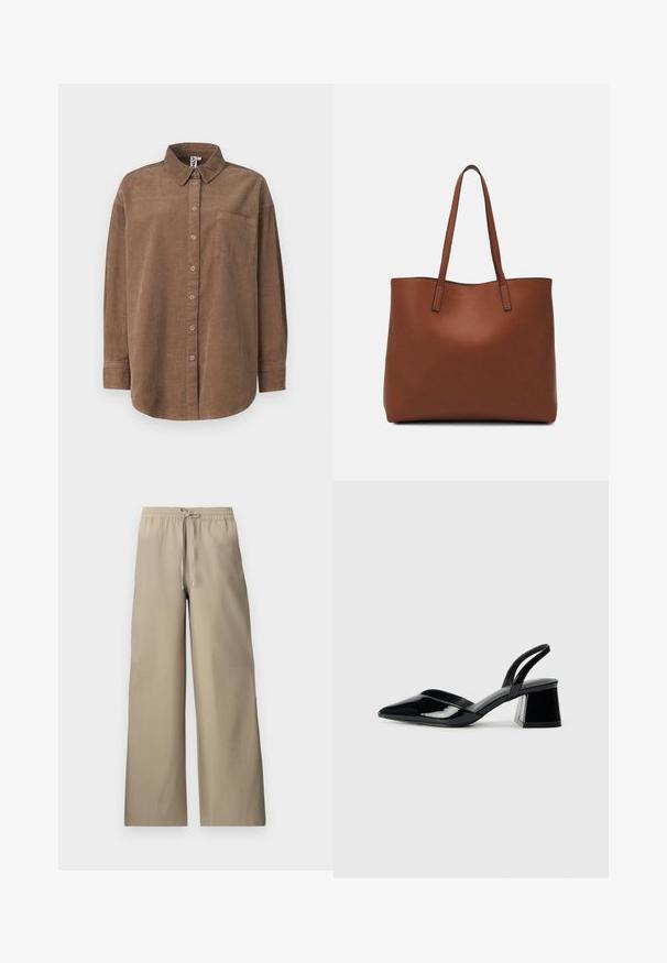 ONLY ONLAIME MOXI LONG - Gombos blúz - fossil; Beige, bő szárú nadrág rugalmas derékkal és zsinórral, sima szövettextúrával és oldalsó zsebekkel.; Fekete lakk bőr szandálkés magas sarkú cipő, hegyes orral és geometrikus tömbsarkakkal. Karcsú, minimalista dizájn és sima textúra jellemzi.; Barna bőr vászontáska sima textúrával, nyitott tetejű dizájnnal és két vállpánttal. Minimális varrással és látható hardver nélkül készült.