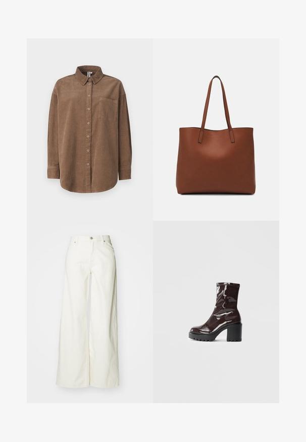 ONLY ONLAIME MOXI LONG - Hemdbluse - fossil; Weite weiße Jeans aus Denim. Mit hoher Taille, Frontverschluss mit Knopf und klassischem Fünf-Taschen-Design. Glatte Textur, keine Muster.; Glatte bordeauxrote Ankle Boots mit einem klobigen schwarzen Absatz, die eine glatte Oberfläche und ein einfaches Design aufweisen. Keine sichtbaren Verschlüsse oder Muster.; Braune Leder-Tote mit glatter Textur, offenem Oberteil und zwei Schulterriemen. Verfügt über minimale Nähte und keine sichtbaren Beschläge.