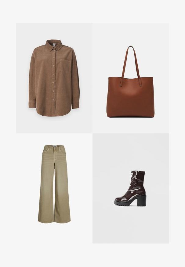 ONLY ONLAIME MOXI LONG - Pogājama blūze - fossil; Bežīgas platajās biksēs ar augstu jostasvietu, detalizētu šuvumu, piecām kabatām un klasisku pogu aizdari priekšpusē.; Spīdīgas bordo potīšu botītes ar masīlu melnu papēdi, kurām ir gluda tekstūra un vienkāršs dizains. Nav redzamu aizdari vai rakstu.; Brūna ādas iepirkumu soma ar gludu tekstūru, atvērta augšdaļa un divas plecu siksnas. Izceļas ar minimālām šuvēm un redzamu aparatūru nav.