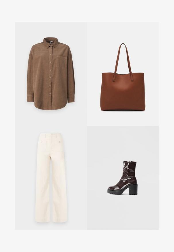 ONLY ONLAIME MOXI LONG - Button-down blouse - fossil; Wide-leg trousers in ivory cotton. Features a high waist, two back pockets with metal buttons, and a clean, smooth texture.; Glossy burgundy ankle boot with a chunky black heel, featuring a smooth texture and simple design. No visible fastenings or patterns.; Brown leather tote bag with a smooth texture, open top design, and two shoulder straps. Features minimal stitching and no visible hardware.