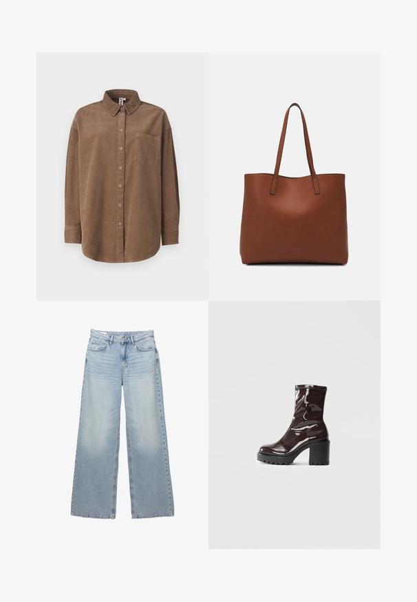 ONLY ONLAIME MOXI LONG - Bluza z gumbi - fossil; Svetlo modri široki jeans iz denima. Ima pet žepov, pasek in gumbasto zapiranje. Obledela pranje z rahlimi gubami.; Sijajan škrlatank z bleščečim videzom, z masivnim črnim peto, ki se ponaša z gladko teksturo in preprostim dizajnom. Brez vidnih zapenjal ali vzorcev.; Rjava usnjena torba z gladko teksturo, odprto zasnovo zgoraj in dvema naramnima trakovoma. Opremljena je z minimalnim šivanjem in brez vidnih kovinskih delov.