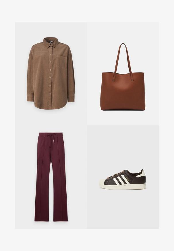 ONLY ONLAIME MOXI LONG - Chemisier - fossil; Pantalons larges bordeaux en tissu doux avec une taille à cordon de serrage et des plis à l'avant. Ourlet plat et texture lisse.; Baskets basses Adidas Superstar en cuir marron foncé avec embout coquille crème, bandes blanches et texte "Superstar" sur le côté.; Sac fourre-tout en cuir marron avec une texture lisse, design à ouverture supérieure et deux poignées pour le porter à l'épaule. Présente des coutures minimales et aucun matériel visible.