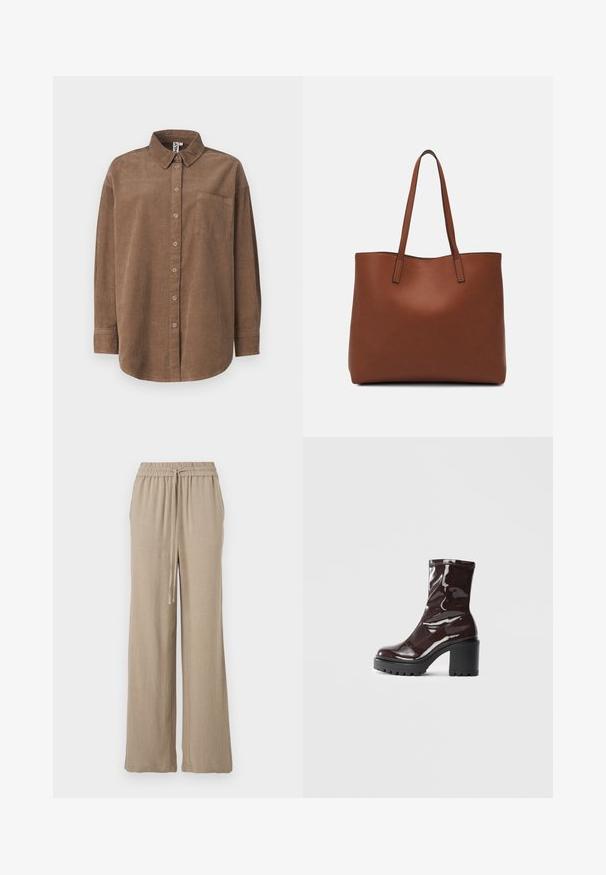 ONLY ONLAIME MOXI LONG - Blusa com botões - fossil; Calças largas bege feitas de um tecido leve. Apresenta um cós elástico com cordão e bolsos laterais. Textura suave.; Bota de tornozelo burgundy brilhante com um salto preto robusto, apresentando uma textura suave e um design simples. Sem fechos ou padrões visíveis.; Bolsa tote de couro castanho com uma textura suave, design de abertura superior e duas alças para o ombro. Apresenta costura mínima e sem hardware visível.