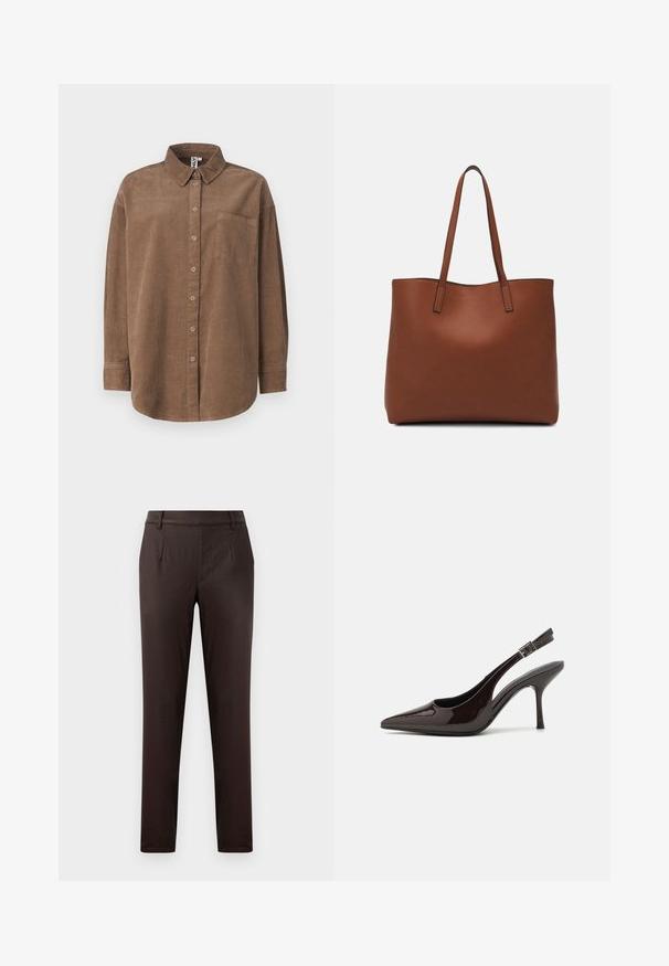 ONLY ONLAIME MOXI LONG - Hemdbluse - fossil; Braune maßgeschneiderte Hosen mit glatter Textur, mit vorderen Taschen, einem flachen Frontdesign und einer schlanken Passform.; Slingback-Pumps aus glänzendem dunklen braunen Lackleder, mit spitzer Zehenpartie, offenen Seiten und verstellbarem Knöchelriemen.; Braune Leder-Tote mit glatter Textur, offenem Oberteil und zwei Schulterriemen. Verfügt über minimale Nähte und keine sichtbaren Beschläge.