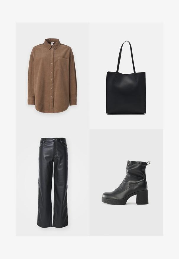 ONLY ONLAIME MOXI LONG - Skjortebluser - fossil; Sorte læderbukser med bred benvidde og en glat tekstur, der har en frontknaplukning og femlommerdesign. Skræddersyet til en afslappet pasform.; Sorte ankelstøvler lavet af glat læder, med en sidelukning, kraftig struktureret hæl og rundt tådesign.; Sort læder tote taske med glat tekstur, rektangulær form og to lange hanke. Ingen synlig hardware eller udsmykninger.