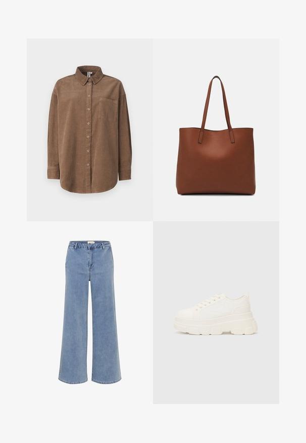 ONLY ONLAIME MOXI LONG - Pogājama blūze - fossil; Klasiski platā kāju džinsi, izgatavoti no gaiši zila denim. Iekļauj piecas kabatas, jostas cilpas un smalku izšuvumu. Izejais apdare pie potītēm.; Baltas kavu tenisa apavi ar masīvu zoli, apaļu purngalu un piecām acīm auklām. Aizmugures cilpa vieglai uzvilkšanai. Gluda tekstūra, minimāls dizains.; Brūna ādas iepirkumu soma ar gludu tekstūru, atvērta augšdaļa un divas plecu siksnas. Izceļas ar minimālām šuvēm un redzamu aparatūru nav.