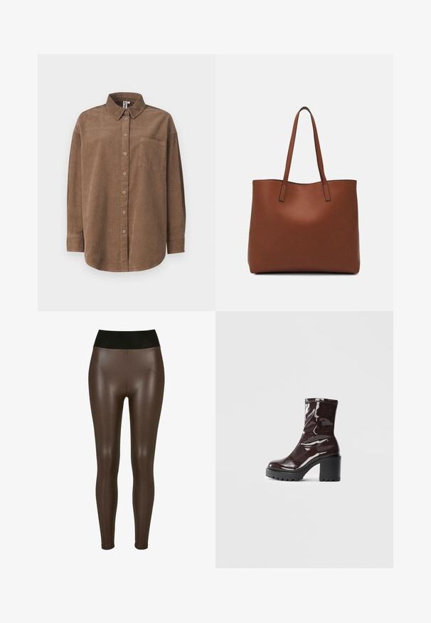 ONLY ONLAIME MOXI LONG - Užsagstoma palaidinė - fossil; Rudos dirbtinės odos leginsai su aukštu juodu juosmeniu, pasižymintys lygia, blizgia apdaila ir prigludusia forma iki kulkšnies.; Blizgus burgundių spalvos kulknapis su tankiu juodu kulnu, pasižymintis lygiu paviršiumi ir paprastu dizainu. Nėra matomų užsegimų ar raštų.; Ruda odinė priekabų krepšys su glotnia tekstūra, atviru viršumi ir dviem petnešomis. Su minimalia siuvimo detalėmis ir nematoma aparatūra.