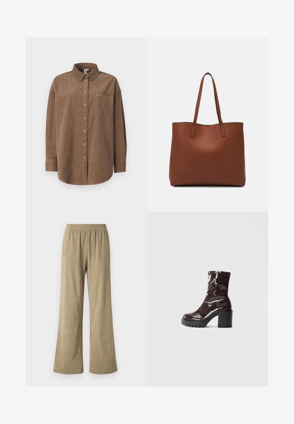 ONLY ONLAIME MOXI LONG - Blusa com botões - fossil; Calças largas de veludo cotelê bege com cintura elástica, apresentando uma textura riscada vertical e um corte solto. Ideais para uso casual.; Bota de tornozelo burgundy brilhante com um salto preto robusto, apresentando uma textura suave e um design simples. Sem fechos ou padrões visíveis.; Bolsa tote de couro castanho com uma textura suave, design de abertura superior e duas alças para o ombro. Apresenta costura mínima e sem hardware visível.