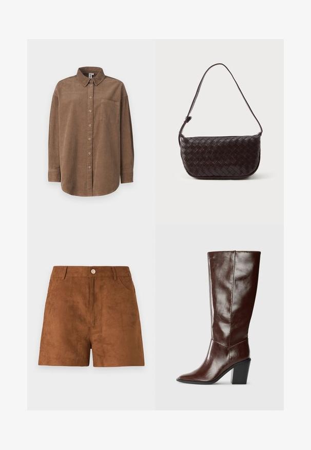 ONLY ONLAIME MOXI LONG - Pogājama blūze - fossil; Brūnas zamšādas šorti ar gludu tekstūru, ar priekšējo pogu aizdari un sānu kabatām. Taisna piegriezuma un vidēji līdz augšstilba garumam.; Augsta, tumši brūna ādas zābaks ar izstieptu pirkstu un sakrautu bloku papēdi, attēlota no sāna uz vienkārša fona.; Austa ādas pleca soma tumši brūnā krāsā ar izliekta formu, regulējamu siksnu un gludu virsmu. Kompakta konstrukcija bez redzamām detaļām.