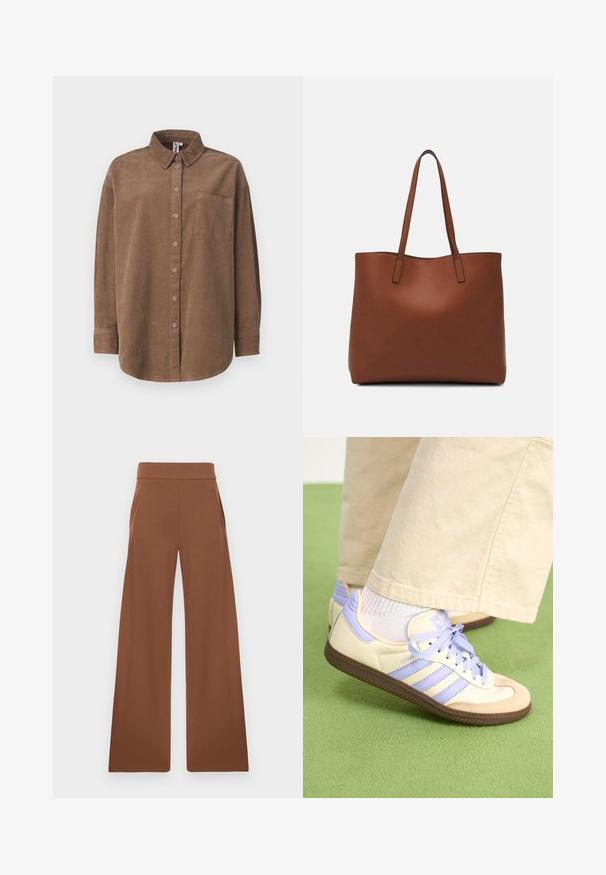 ONLY ONLAIME MOXI LONG - Nööpidega pluus - fossil; Pruunid laiad püksid sujuva, veniva kangaga. Omavad kõrget vöökohta ja küljetaskuid, disainitud mugava istuvuse jaoks.; Kreemi ja lavendlivärvi tenniset, millel on kolm triipu ja tekstuuriga pruun tall, varustatud paelte ja pehmendatud kontsaga. Pehme kangast ülemine osa.; Pruun nahast tote-kott, millel on sile tekstuur, avatud ülaosa disain ja kaks õlarihma. Omab minimaalset õmblust ja nähtavat riistvara ei ole.