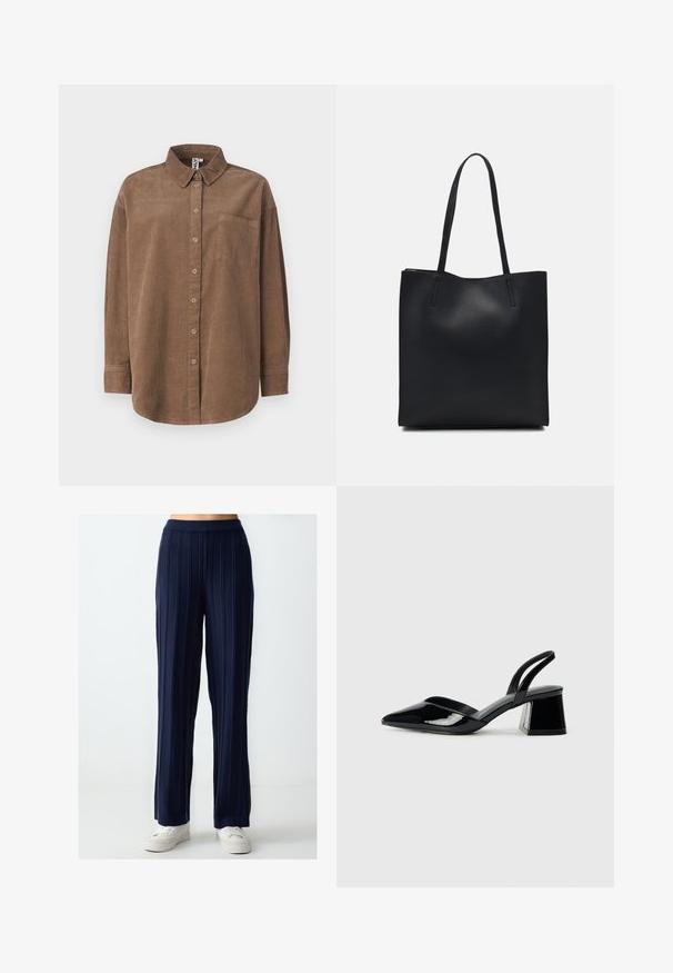 ONLY ONLAIME MOXI LONG - Chemisier - fossil; Pantalons larges bleu marine avec texture en côtes verticales, taille élastique et coupe décontractée, associés à des baskets blanches décontractées.; Escarpins en cuir verni noir avec bout pointu et talon bloc géométrique. Présente un design élégant et minimaliste ainsi qu'une texture lisse.; Sac fourre-tout en cuir noir avec une texture lisse, de forme rectangulaire et deux longues poignées. Pas de matériel ou d'ornementations visibles.