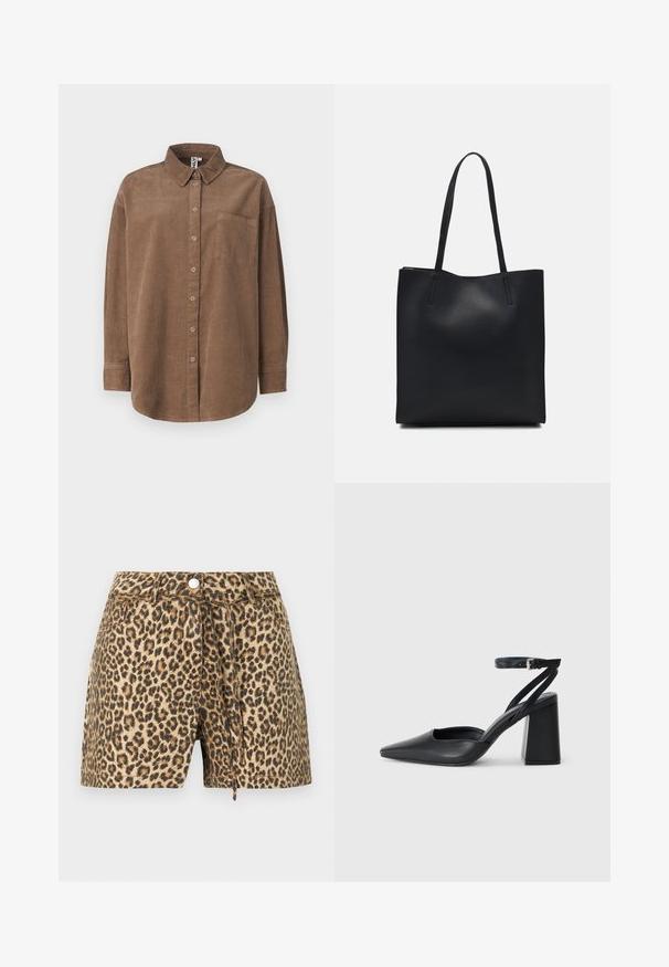 ONLY ONLAIME MOXI LONG - Skjortebluse - fossil; Leopardmønstrete shorts med en beige og brun fargepalett, med knappelukking, beltestropper og en avslappet passform.; Svart lær pumps med spiss tå, ankelrem og kraftig hæl. Flat tekstur, strømlinjeformet design og minimalisme.; Svart lær tote bag med glatt tekstur, rektangulær form og to lange håndtak. Ingen synlige deler eller dekorasjoner.