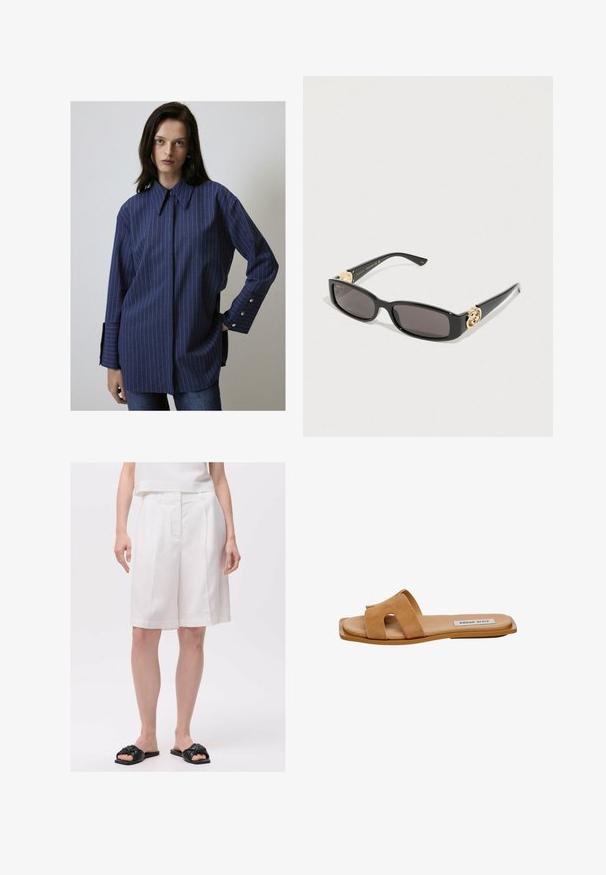 Navy blue striped long-sleeve shirt with a button-down collar, front placket, and cuff buttons. Soft fabric, relaxed fit.; White linen shorts with a tailored fit, featuring a neat waistband and front pleats, paired with black knotted slide sandals.; Tan suede slide sandal featuring two wide straps with cut-out details, flat sole, and subtle logo on the insole.; Black sunglasses with rectangular lenses, gold hardware accents, and glossy frames. Features silver branding on the arms.