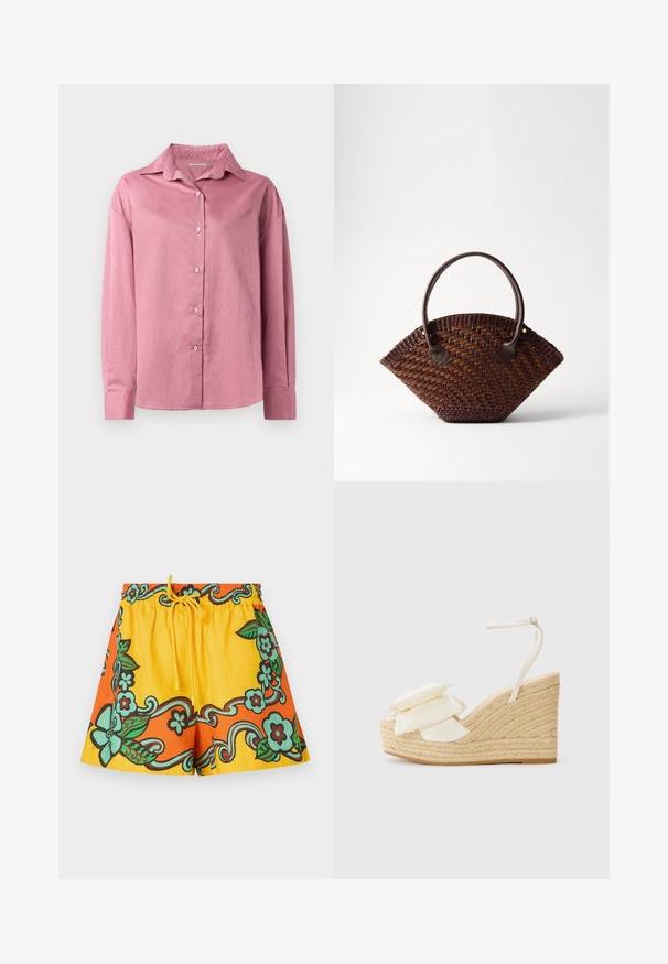 Rosa langermet skjorte med spiss krage og knappet front. Myk tekstur og avslappet passform med knappeledd og uten synlige mønstre.; Gule og oransje shorts med blomsterdesign i grønt og brunt. Elastisk liv med snor, laget av lett stoff.; Sandal med kilehæl og en naturlig jute-platform, overdel i cremet stof og to lag blomsterdekor; har en tynd ankelrem med spænde.; Veverd brunt håndveske med en vifteform, som har en teksturert overflate, to brune lærhåndtak og en liten gulldetalj.