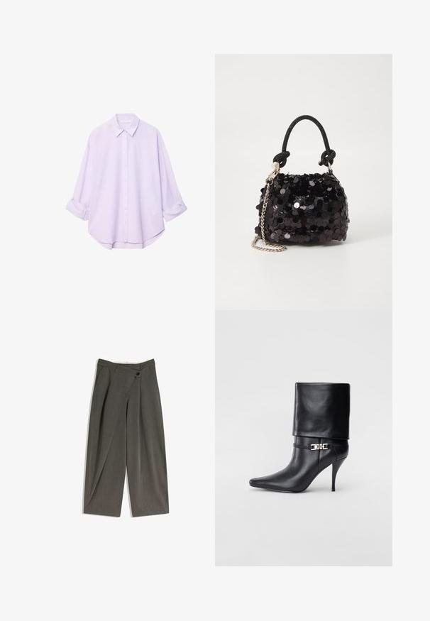 Hellblaue, knopfbare Hemd mit einem gespreizten Kragen, langen, aufgerollten Ärmeln und einem abgerundeten Saum. Hergestellt aus einem glatten, leichten Stoff.; Weite Hosen aus einem dunkelgrauen Stoff. Mit flachem Bund, seitlichen Taschen und einem einzelnen Knopfverschluss. Glatte Textur, taillierte Passform.; Schwarze Leder-Ankle-Boots mit spitzer Zehenpartie, hohen Stiletto-Absätzen, umgeschlagenem Schaft und einem goldenen dekorativen Schnallen-Detail an der Knöchel.; Schwarze Pailletten-Mini-Handtasche mit einem geknoteten, strukturierten Tragegurt und einer silbernen Kette. Abgerundete Form mit gerafftem oberen Teil und reflektierenden Details.