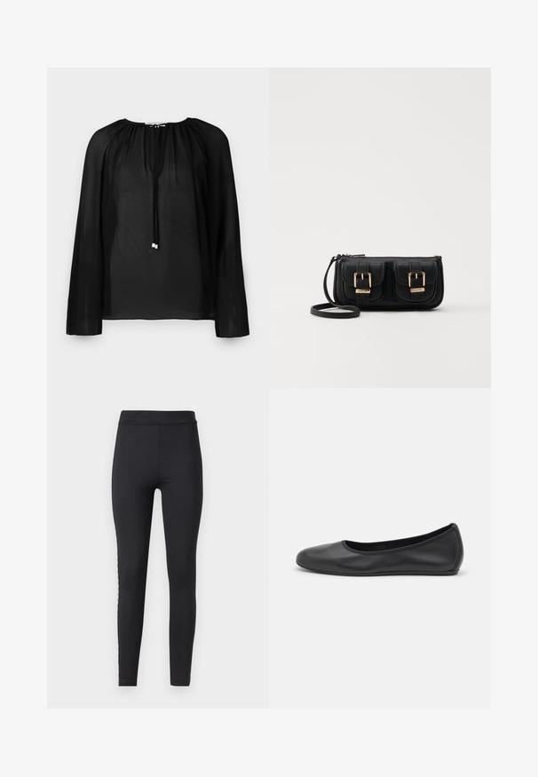 Svart gjennomsiktig bluse med lange ermer, rynket halsringning og snøring med sølvdetaljer. Lett og luftig tekstur.; Svart leggings laget av elastisk stoff med en jevn tekstur, med en bred midjebånd og en dekorativ sidestropp.; Svart skinnballettflatt med rund tå, glatt tekstur, minimal sømdetalj, og et fleksibelt såledesign.; Svart skinn crossbody veske med to frontlommer, gyldne spenner, glidelåslukking og en slank stropp. Teksturert overflate og kompakt rektangulær form.