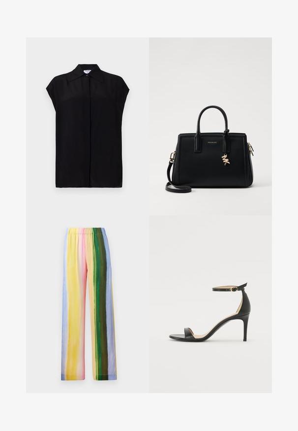 Mustad, lühikeste varrukatega pluus sujuvast kangast. Omab teravat kraed ja nööbiga kinnitust esiosas. Puhas, minimalistlik disain.; Laiad jalatsid elastse vööga, millel on püstised triibud pastelltoonides: kollane, roosa, roheline, sinine ja helesinine. Sile tekstuur.; Must musta kõrgete kontsadega sandaal, millel on pahkluule kinnituv rihm. Omab sileda tekstuuri, avatud varbaosa ning õhukest kontsa. Kuldtooniline pandla detail.; Musta nahast käekott struktureeritud disainiga, kahekordsete ülemiste käepidemetega, eemaldatav õlavööt, kuldne riistvara ja logotäht aktsent.