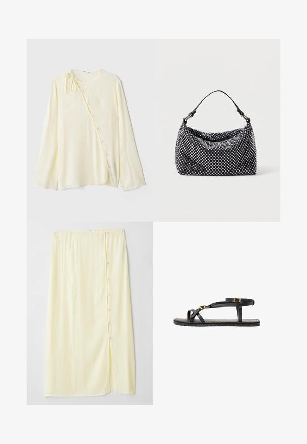 Blusa gialla a maniche lunghe in tessuto setoso, con scollatura rotonda, chiusura laterale con bottoni decorativi e un accento annodato sulla spalla.; Lunga gonna gialla pallida realizzata in un tessuto morbido, con una fessura laterale e chiusura con bottoni, caratterizzata da una texture liscia e una vestibilità rilassata.; Sandali neri in pelle con sottili cinturini e una cinghia alla caviglia con fibbia. Suola piatta con una finitura texturizzata e bordo a zigzag. Design minimalista.; Borsa nera e argento con superficie intrecciata e texturizzata, caratterizzata da motivi a quadrati, un'unica maniglia superiore e un design morbido.