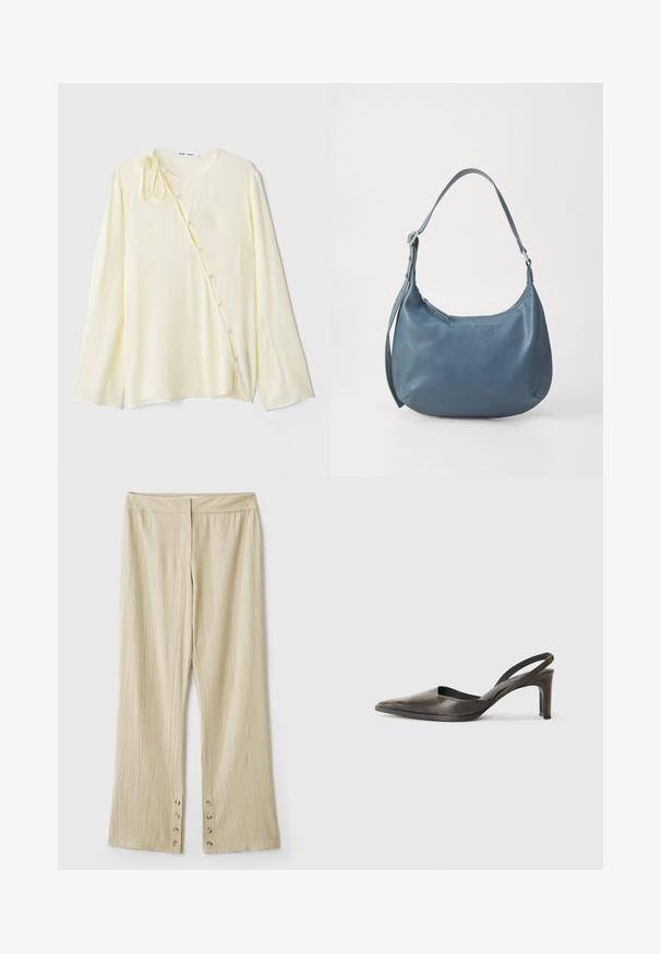 Geltonas ilgarankovis bluzonas, pagamintas iš šilkinio audinio, su apvalia iškirpte, šoniniu mygtukų uždarymu su dekoratyviais mygtukais ir susirišimo akcentu petyje.; Žvakiški bežinės spalvos plačių kojų kelnės su tekstūruotu audiniu. Yra plokščias liemuo ir penki mygtukai apačioje užsegimui. Su raukšlėmis.; Šviesiai rudos odos balerinos su smailiu pirštu, turinčios lygią tekstūrą, siaura juostele ir vidutinio aukščio stiletu.; Mėlyna odinė rankinė su apvalia forma, viena petneša, užtrauktuku ir iškilmingu prekės ženklu priekyje. Lygi tekstūra.