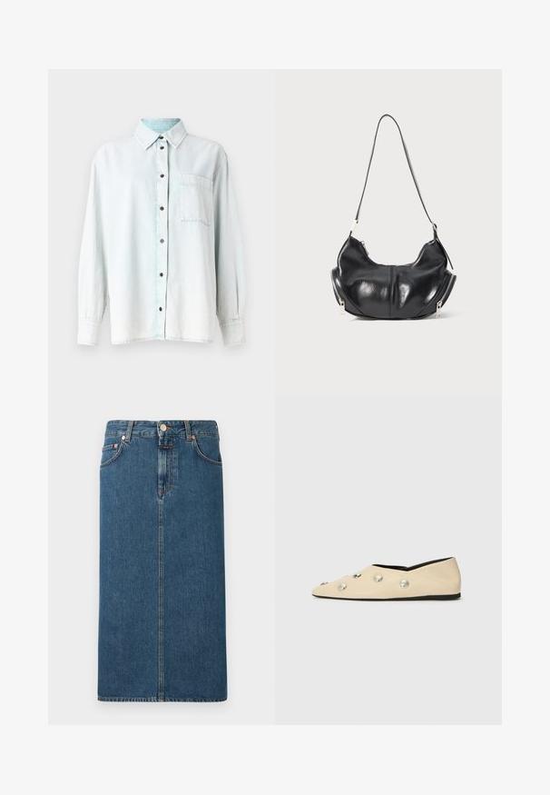 Camicia di jeans azzurro chiaro con maniche lunghe, colletto a punta, chiusura frontale con bottoni, taschino singolo sul petto e bottoni marroni. Tessuto morbido, lavaggio leggermente sbiadito.; Gonna midi in denim blu scuro con taglio dritto, tasche frontali e hardware in tonalità rame. Presenta cuciture lungo le cuciture e una chiusura con bottone.; CLOSED Ballerine - ecru; Borsa a spalla a forma di mezzaluna in pelle nera con zip argento su entrambi i lati e una singola tracolla.