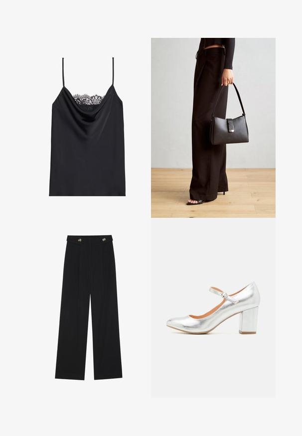 Camisole noire avec des bretelles réglables, décolleté drapé, et une délicate bordure en dentelle noire sur le dessus. Tissu lisse ressemblant à du satin.; Pantalons larges noirs à taille haute, avec des détails de boutons à la taille et des plis sur le devant.; Chaussures à talons en métal argenté avec un bout arrondi, une bride avec une boucle circulaire et un talon large. Fini de surface lisse et brillant.; Sac à main noir à la forme structurée, texture lisse et fermoir métallique. Associé à un pantalon noir ample et des sandales ouvertes sur un sol en bois.