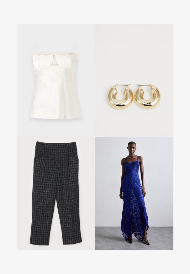 Biely saténový top s nastaviteľnými ramienkami, štruktúrovaným, zošitým dekoltom a rovnomerným lemom. Hladká textúra a minimalistický dizajn.; Čierne textúrované nohavice s károvaným vzorom, rovným strihom, elastickým pásom a dvoma bočnými vreckami.; Maxi šaty s potlačou zvieracích vzorov v modrej a fialovej farbe, s tenkými ramienkami, priliehavým telom, rozšíreným lemom a priesvitnými detailmi.; Zlaté kruhové náušnice s hladkým, zaobleným dizajnom a lesklým povrchom, s klipom pre zabezpečenie. Vypálené s nápisom "DKNY."