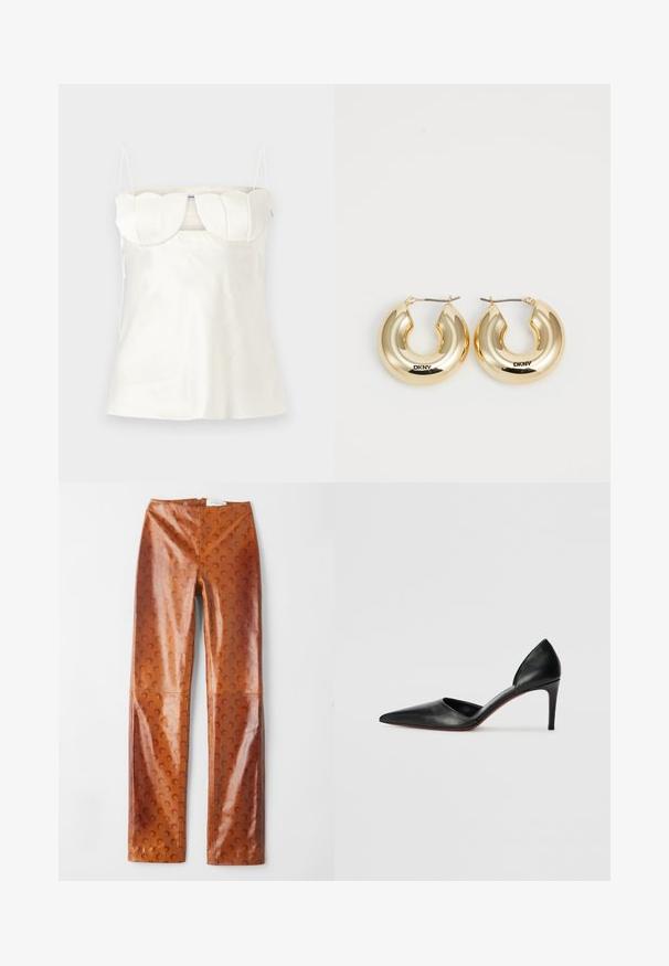 Biely saténový top s nastaviteľnými ramienkami, štruktúrovaným, zošitým dekoltom a rovnomerným lemom. Hladká textúra a minimalistický dizajn.; Hnedé nohavice z umelé kože s textúrovaným povrchom a mesiačikovým vzorom, vysokým pásom a rovným strihom.; Čierne kožené lodičky na vysokom opätku s špicatou špičkou, otvorenými stranami a elegantným siluetou. Majú tenký opätok a červený akcent na podrážke.; Zlaté kruhové náušnice s hladkým, zaobleným dizajnom a lesklým povrchom, s klipom pre zabezpečenie. Vypálené s nápisom "DKNY."
