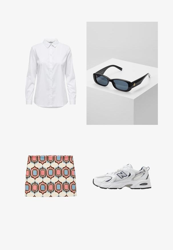 Cămașă albă, cu guler structurat și mâneci lungi, cu hem rotunjit. Fabricată dintr-un material solid, neted, fără modele sau accente vizibile.; Fustă mini cu model în crem, având forme geometrice în roz, albastru și marron. Material neted, cu un design ajustat și tiv drept.; Shoe sportiv alb cu parte superioară din plasă, accente bleumarin și talpă amortizată. Are logo-ul "N", șireturi și detalii texturate pe lateral.; Ochelari de soare rectangulari negri cu lentile nuanțate de albastru, cu rame groase și un accent circular auriu pe lateral. Finisaj elegant și lucios.; Geantă de umăr din piele maro cu o formă curbată, accesorii din aur, detaliu cu clip superior și un accent cu logo. Textură netedă cu margini cusute.