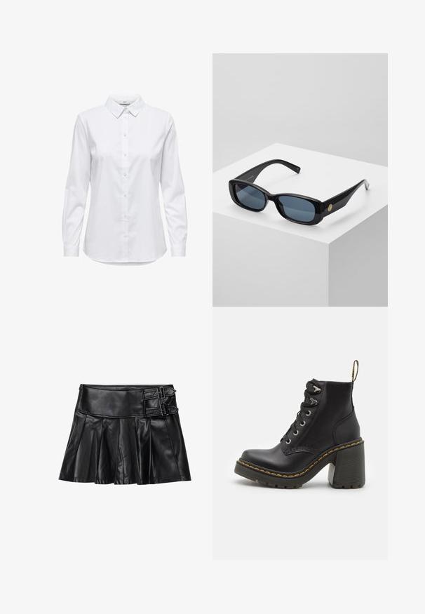 Camisa branca de botão com mangas longas, colarinho estruturado e bainha arredondada. Feita de um tecido liso, sólido, sem padrões ou detalhes visíveis.; Saia de couro preta com pregas, cintura larga e dois detalhes de fivela de cada lado. Textura suave com um acabamento brilhante.; Botim de tornozelo em couro preto com um salto alto robusto, atacadores na parte frontal, ilhós de metal e costura amarela ao longo da sola. Sola em borracha texturizada.; Óculos de sol retangulares pretos com lentes azuis escurecidas, armações grossas e um detalhe circular dourado de um lado. Acabamento elegante e brilhante.; Bolsa borgonha feita de material sintético com um design estruturado, apresentando uma alça destacável e um lenço com padrão floral amarrado à pega.