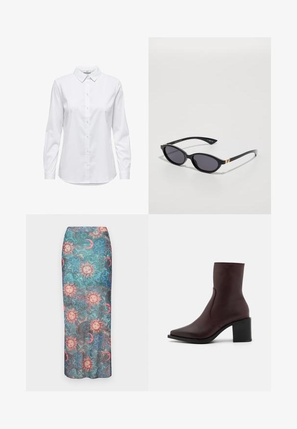 White button-up shirt with long sleeves, structured collar, and rounded hem. Made from a smooth, solid fabric with no visible patterns or accents.; Long, fitted skirt featuring a multicolored print of suns, moons, and ornate patterns on a textured teal background.; Zign LEATHER - Classic ankle boots - bordeaux; Black sunglasses with oval lenses, dark gradient tint, and slim arms featuring subtle gold accents. Smooth plastic finish.; Tommy Hilfiger LIBRE FLAP CROSSOVER - Cross body bag - deep rouge; Black choker necklace made of thin cord, with a bow knot detail and gold metal tips on the ends. Simple, adjustable design.