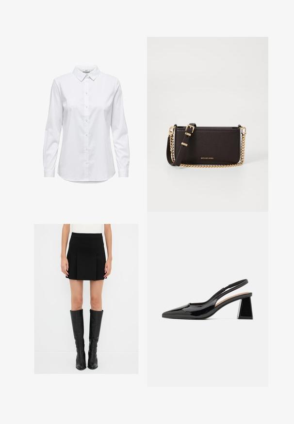 Valkoinen nappikauluspaidat, joissa on pitkät hihat, rakenteellinen kaulus ja pyöristetty helma. Valmistettu sileästä, yksivärisestä kankaasta, jossa ei ole näkyviä kuvioita tai koristeita.; Mustat laskostetut minihameet, joissa on istuva vyötärö, yhdistettynä polvisaappaisiin, jotka ovat mustaa nahkaa, vetoketjuilla ja kärjissä terävät. ; Musta keinonahkainen slingback-korkokengät, joissa on terävä kärki, erottuva geometrinen paluukorko ja sileä pinta. Säädettävä hihna tukemiseen.; MICHAEL Michael Kors BRYANT SM XBODY POUCHETTE - Olkalaukku - chocolate