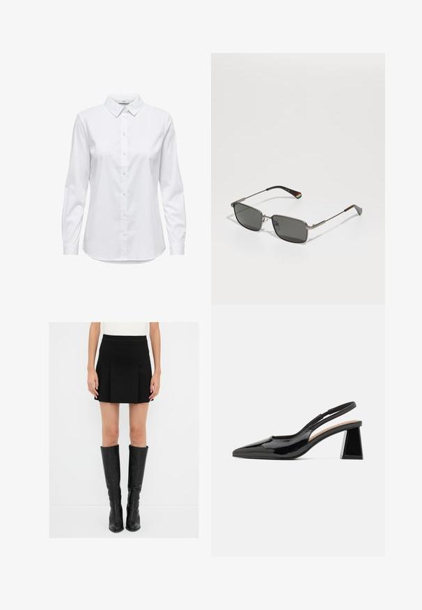 Camisa blanca de botones con mangas largas, cuello estructurado y dobladillo redondeado. Hecha de una tela lisa y sólida sin patrones ni acentos visibles.; Mini falda plisada negra con una cinturilla ajustada, combinada con botas de cuero negras hasta la rodilla con cremalleras y puntera afilada.; Zapatos de tacón negro de charol tipo slingback con punta afilada, que cuentan con un exclusivo tacón en bloque geométrico y una textura suave. Correa ajustable para mayor soporte.; Polaroid UNISEX - Gafas de sol - matte black