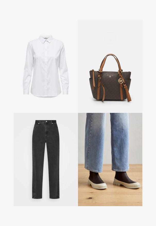 Camicia bianca con bottoni, maniche lunghe, colletto strutturato e orlo arrotondato. Realizzata in un tessuto liscio e uniforme, senza motivi visibili o dettagli.; Jeans in denim nero a gamba dritta con vita alta, bottone e cerniera frontali, e cinque tasche su uno sfondo bianco.; Stivali alla caviglia in gomma marrone con suola cremosa texturizzata, abbinati a jeans a gamba larga di un leggero azzurro. La texture è liscia con un design rigato.; Borsa a mano marrone con monogramma, dotata di due manici superiori, accessori in tono oro e un pon-pon staccabile. Presenta una zip superiore e tasche laterali.