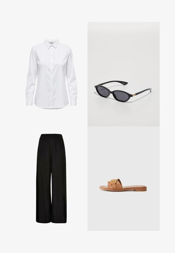 Witte overhemd met lange mouwen, gestructureerde kraag en afgeronde zoom. Gemaakt van een gladde, effen stof zonder zichtbare patronen of accenten.; Zwarte wijde pantalon gemaakt van een gladde stof. Heeft een elastische tailleband en een losse, vloeiende pasvorm voor comfort en bewegingsvrijheid.; Bruine leren slidersandalen met brede band, gouden hardwareaccent, platte zool en minimalistisch ontwerp. Geschikt voor casual gebruik.; Zwarte zonnebril met ovale glazen, donkere verloop-tint en slanke pootjes met subtiele gouden accenten. Glad plastic afwerking.; Canvas draagtas met een cartoonbeer in een groene sjaal en blazer, met bruinleren schouderbanden. Witte achtergrond, geprint ontwerp.