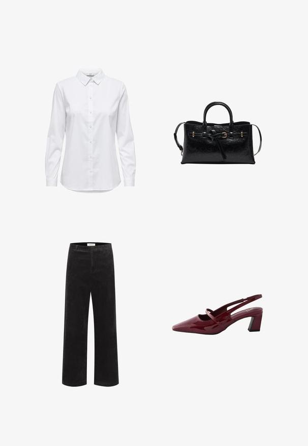 Vit skjorta med långa ärmar, strukturerad krage och rundad nederkant. Tillverkad av ett mjukt, enhetligt tyg utan synliga mönster eller detaljer.; Svarta kordfloddsbyxor med vida ben, vertikal ribbning, strukturerad midja och slät front. Tyget verkar mjukt med en lätt lyster.; Next FOREVER COMFORT SQUARE TOE - REGULAR FIT - Pumps - red; Svart läderhandväska med texturerad finish, strukturerad form, dubbla handtag och avtagbar axelrem. Guldtonade detaljer.