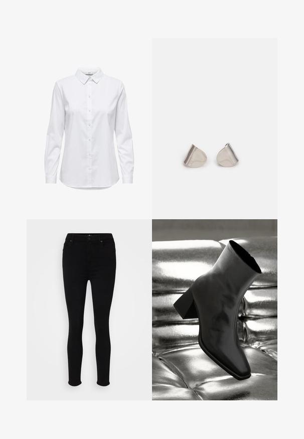 Weißes Hemd mit langen Ärmeln, strukturiertem Kragen und abgerundetem Saum. Hergestellt aus einem glatten, einfarbigen Stoff ohne sichtbare Muster oder Akzente.; Schwarze Skinny-Jeans aus einem glatten, dehnbaren Stoff, mit einem klassischen Fünf-Taschen-Design und dezenten Nähdetails.; Schwarzer Knöchelstiefel aus glänzendem Material mit quadratischer Zehenform und verjüngtem Absatz, vor einem glänzenden silbernen gepolsterten Hintergrund.; Silberne Metalohrringe mit einer glatten, tröpfchenförmigen Form und einer polierten Oberfläche. Subtile Gravuren fügen Details hinzu. Minimalistisches Design.