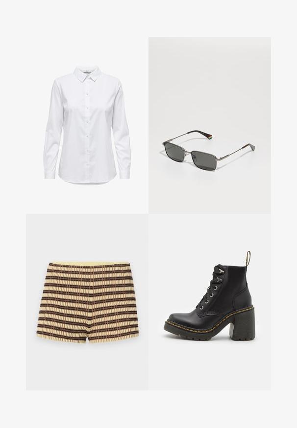 White button-up shirt with long sleeves, structured collar, and rounded hem. Made from a smooth, solid fabric with no visible patterns or accents.; knitted shorts in beige with brown and black stripes; features a ribbed texture and an elastic yellow waistband.; Black leather ankle boot featuring a chunky high heel, lace-up front, metal eyelets, and yellow stitching along the sole. Textured rubber outsole.; Polaroid UNISEX - Sunglasses - matte black