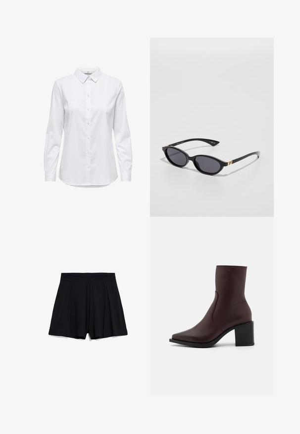 White button-up shirt with long sleeves, structured collar, and rounded hem. Made from a smooth, solid fabric with no visible patterns or accents.; Black cotton shorts featuring a pleated design, elastic waistband, and smooth texture. No pockets or additional hardware details visible.; Zign LEATHER - Classic ankle boots - bordeaux; Black sunglasses with oval lenses, dark gradient tint, and slim arms featuring subtle gold accents. Smooth plastic finish.; Tommy Hilfiger LIBRE FLAP CROSSOVER - Cross body bag - deep rouge; Burgundy leather wallet with a fold-over design, gold logo accent, and smooth texture. Compact and rectangular in shape.