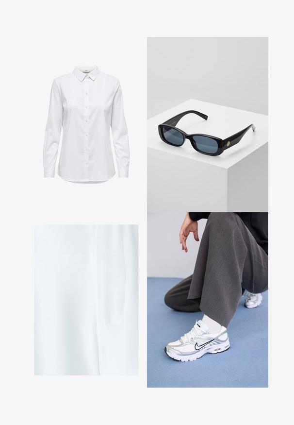 Vit skjorta med långa ärmar, strukturerad krage och rundad nederkant. Tillverkad av ett mjukt, enhetligt tyg utan synliga mönster eller detaljer.; BWLDR ADREW - Shorts - off white; Vita och silverfärgade sportskor med mesh- och syntetmaterial, med svarta accentlinjer, snörningar och texturerade sula.; Svarta rektangulära solglasögon med tonade blå linser, tjocka bågar och en gyllene cirkulär detalj på sidan. Slät, glänsande yta.; Burgundy handväska i syntetmaterial med en strukturerad design, som har ett avtagbart band och en scarf med blommönster knuten vid handtaget.