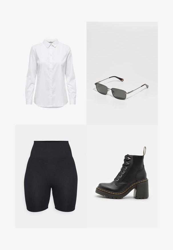 Camisa branca de botão com mangas longas, colarinho estruturado e bainha arredondada. Feita de um tecido liso, sólido, sem padrões ou detalhes visíveis.; Calças curtas pretas com nervuras e uma cintura alta, apresentando um design justo e uma textura suave. O comprimento chega até a metade da coxa.; Botim de tornozelo em couro preto com um salto alto robusto, atacadores na parte frontal, ilhós de metal e costura amarela ao longo da sola. Sola em borracha texturizada.; Polaroid UNISEX - Óculos de sol - matte black