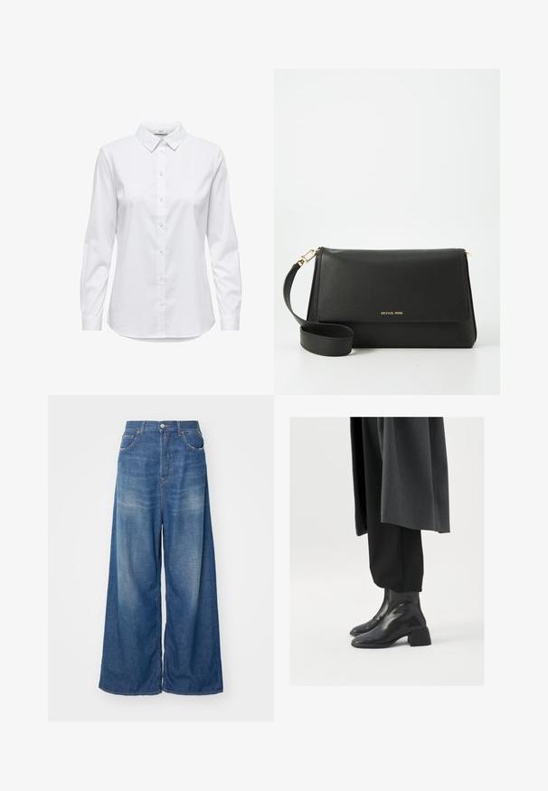 Bela srajca z dolgimi rokavi, strukturiranim ovratnikom in zaobljenim robom. Narejena iz gladkega, enotnega blaga brez vidnih vzorcev ali poudarkov.; Modre kavbojke širokih nogavic z visokim pasom, ki vključujejo sprednje žepke, zapiranje na gumb in podrobnosti bledenja za obrabljen videz.; Črne usnjene gležnjarje s kvadratnim nosom in masivnim petam, oblečene s sproščenimi črnimi hlačami in temno sivo jakno. Gladka površinska tekstura.; Črna usnjena torbica z zložljivim pokrovom, zlatim okovjem in snemljivim trakom. Gladka tekstura in minimalističen dizajn.