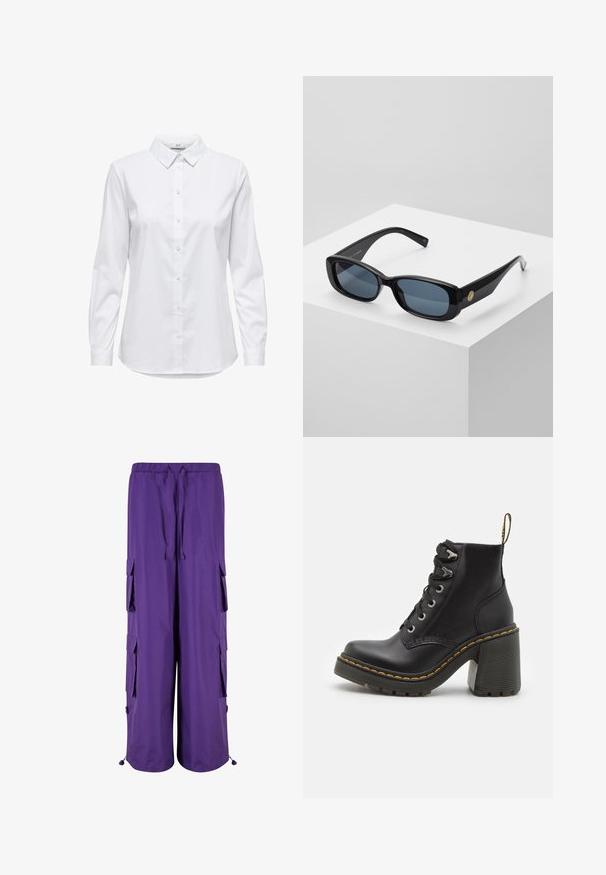 Fehér, hosszú ujjú, gombos ing, strukturált gallérral és lekerekített aljjal. Zökkenőmentes, egyszínű anyagból készült, látható minták vagy díszítések nélkül.; Lila cargo nadrág elasztikus derékrésszel, két oldalsó zsebbe és két cargo zsebbe szerelve. Könnyű anyagból készült, sima textúrával.; Fekete bőr bokacsizma, telitalpú, csipkés elülső résszel, fém szemekkel és sárga varrással a talpon. Texturált gumi talp.; Fekete, téglalap alakú napszemüveg kék árnyalatú lencsékkel, vastag kerettel és arany kör alakú díszítéssel az oldalon. Simaságot és fényességet sugárzó külső.; Burgundy színű, szintetikus anyagból készült kézitáska, strukturált dizájnnal, levehető pánttal és a fogantyúra kötött virágmintás sállal.