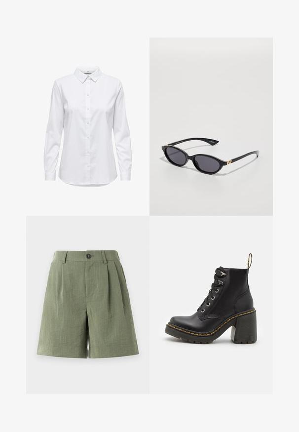 Camisa blanca de botones con mangas largas, cuello estructurado y dobladillo redondeado. Hecha de una tela lisa y sólida sin patrones ni acentos visibles.; Pantalones cortos verdes con pliegues, confeccionados en tejido texturizado. Presentan un cierre de botón y un dobladillo recto, con un corte entallado.; Botín de cuero negro con tacón alto grueso, parte delantera con cordones, ojales de metal y costura amarilla a lo largo de la suela. Suela exterior de goma texturizada.; Gafas de sol negras con lentes ovalados, tinte oscuro degradado y varillas delgadas que presentan sutiles acentos dorados. Acabado de plástico suave.; Collar choker negro hecho de un cordón delgado, con un detalle de lazo y puntas de metal dorado en los extremos. Diseño simple y ajustable.