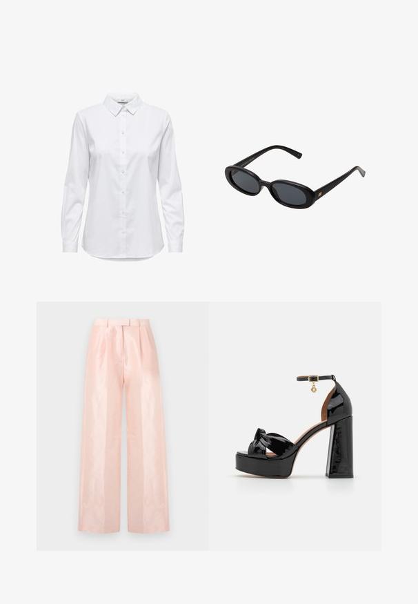 Cămașă albă, cu guler structurat și mâneci lungi, cu hem rotunjit. Fabricată dintr-un material solid, neted, fără modele sau accente vizibile.; Pantaloni largi, cu talie înaltă, de culoare roz deschis, având o textură netedă și lucioasă, pliseuri în față și o curea asortată.; Maje Sandale cu toc - noir; Ochelari de soare supradimensionați, cu lentile ovale, cadru din plastic neted și accente aurii pe brațe. Lentilele întunecate oferă protecție solară.; Geantă de mână din piele neagră cu detalii din franjuri, curea de umăr din lanț auriu și un mâner cu tăietură. Prezintă plasarea logo-ului pe față.