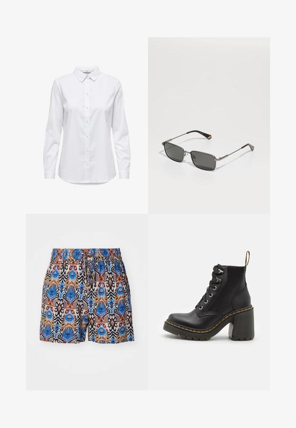 Valkoinen nappikauluspaidat, joissa on pitkät hihat, rakenteellinen kaulus ja pyöristetty helma. Valmistettu sileästä, yksivärisestä kankaasta, jossa ei ole näkyviä kuvioita tai koristeita.; Kuvioidut shortsit elastisella vyötäröllä. Ominaisuuksina eläväiset siniset, punaiset ja ruskeat kuviot vaalealla kankaan taustalla.; Musta nahkasaapas nilkkamittaisella varrella, jossa on paksu korkea kenkä, nauhakiristys edessä, metalliset rei'itykset ja keltainen ommel pohjan reunassa. Teksturoitu kumipohja.; Polaroid UNISEX - Aurinkolasit - matte black