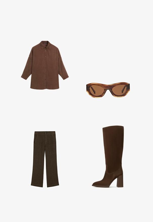 Brun skjorte med knapper og krave, lavet af blødt materiale, har en afslappet pasform, lange ærmer og fem knapper foran.; Brune linet bukser med en afslappet pasform, der har lynlåsgylp og knaplukning samt to forreste lommer. Teksturen virker let og åndbar.; Brune knæhøje støvler lavet af glat materiale, med spids tå og firkantet hæl. Syningsdetaljer forbedrer det elegante design.; Solbriller med skildpadde-skal ramme, brune gradient-linser og en elegant katteøje-form. Fremstillet af letvægtsplastik med en blank finish.; Brun læder tote bag med to forlængede håndtag, struktureret rektangulær form, glat overflade og subtile syninger.