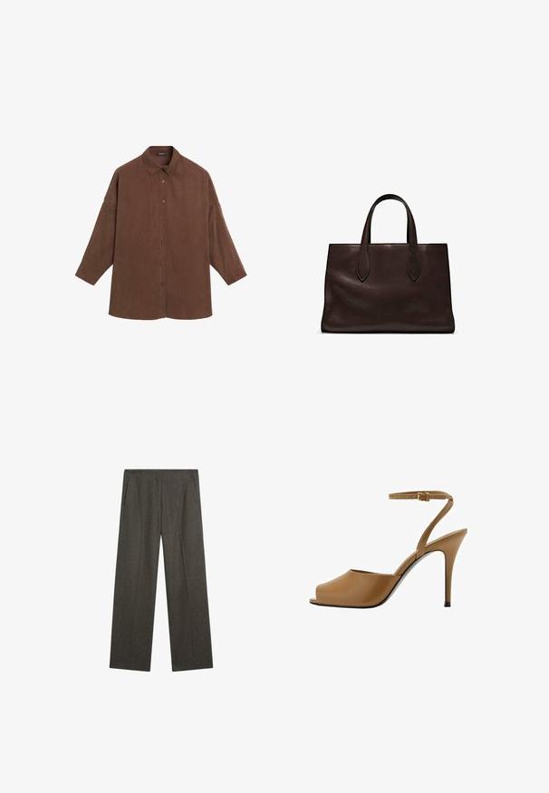 Brun skjorta med knappar och krage, gjord av mjukt material, med en avslappnad passform, lång ärm och fem knappar fram.; Mörkgrå, vida byxor gjorda av textil med struktur, med två sidofickor och en ren framvikt. Enkel, skräddarsydd design.; Brun, öppen tå högklackad sko med en blank yta, ett tunt ankelband och en stilettklack. Slät textur, minimalistisk design.; Brun läder tote-väska med två avlånga handtag, strukturerad rektangulär form, slät textur och subtila sömdetaljer.